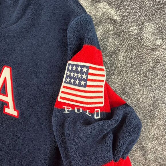 Polo Ralph Lauren Fleece Hoodie USA Flag Spellout Youth L Striped Navy Blue - Picture 3 of 10
